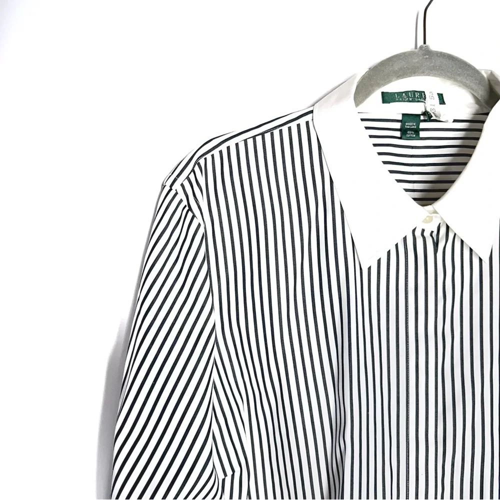 Lauren Ralph Lauren Two Tone White/Black Stripe Cotton Button Down Shirt Size 2X - Picture 3 of 12